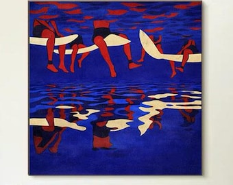 Blue Swimmer Painting, Abstract Figurative Oil Painting, Modern Pool Wall Art, Red Blue Artwork, Contemporary Summer Home Decor