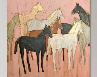 Abstract Horses Oil Painting: Pink Gold Equestrian Art, Large Canvas