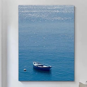 Gran pintura abstracta azul, pintura de cielo azul, barco de madera flotante, arte de pared, pintura abstracta de velero sobre lienzo, paisaje marino, decoración de pared de oficina