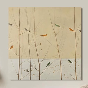Pintura de pájaros en el árbol, pintura de pared de pájaros sobre lienzo, decoración de pared neutra, pájaros voladores, pintura de pájaros, arte original, arte de pared de grulla blanca