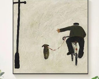 Dipinto figurativo minimalista scandinavo, uomo e cane, grande tela testurizzata beige.