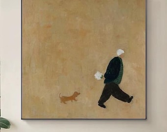 Abstract Man Walking Dog Oil Painting, Neutral Minimalist Canvas Wall Art