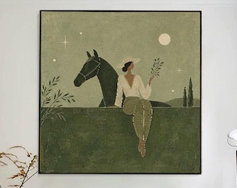 Hand Painted Equestrian Oil Painting, Woman and Horse Wall Art, Olive Green Figurative Art, Vintage Wabi Sabi Art, Boho Home Wall Decor