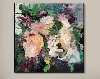 Abstract Floral Oil Painting, Textured Flower Art, Pink and Cream Botanical Wall Decor, Modern Expressionist Original Canvas Painting