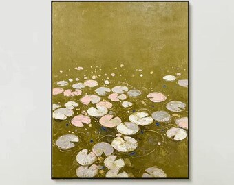 Abstract Water Lily Oil Painting, Olive Green Floral Wall Art, Pink and White Pond Flowers, Textured Canvas, Modern Botanical Home Decor