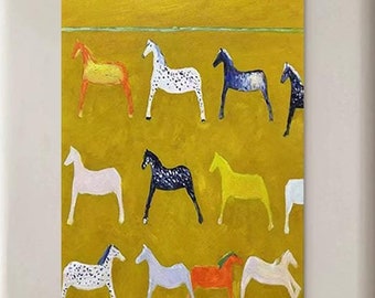 Large Yellow Horse Oil Painting on Canvas Horse Abstract Canvas Wall Art Colorful Modern Minimalist Animal Painting for Living Room Bedroom