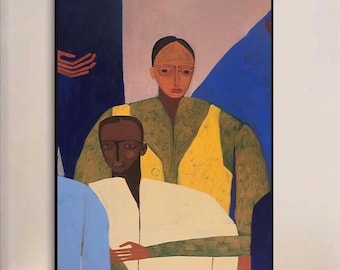 Abstract Mother Child Oil Painting, Modern Figurative Blue Yellow Tones Contemporary Wall Art