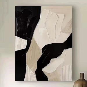 Large Beige Abstract Painting Black Texture Canvas Art Wabi Sabi Wall Art Beige Minimalist Painting Neutral Livngroom Wall Decor