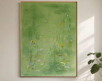 Pintura a óleo abstrata de lírio-d'água verde, arte minimalista de parede inspirada em Monet, tela neutra Wabi Sabi, arte da natureza tranquila para sala de estar.
