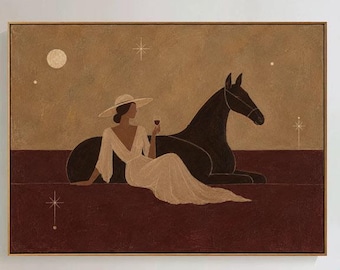 Horse Oil Painting, Equestrian Wall Art, Western Cowgirl Artwork, Boho Vintage Horse Painting, Desert Moon Art, Wabi Sabi Home Decor
