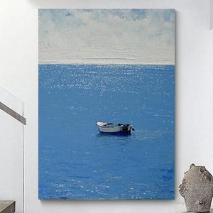 Pintura abstracta azul original, pintura de cielo blanco, barco flotante, arte de pared, velero, pintura abstracta sobre lienzo, paisaje marino, decoración de pared de oficina