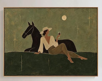 Vintage Equestrian Woman Oil Painting, Woman and Black Horse Wall Art, Dark Academia Artwork, Olive Green Western Decor, Boho Figurative Art