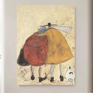 Puede incluir: Una pintura de tres figuras, dos mujeres y un perro, de pie cerca uno del otro. Las mujeres visten ropa y sombreros coloridos. El perro es blanco con manchas negras. El fondo es de color amarillo claro.