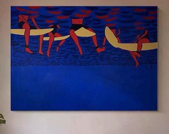 Modern Pool Wall Art,Blue Swimmer Painting, Abstract Figurative Oil Painting,  Red Blue Artwork, Contemporary Summer Home Decor