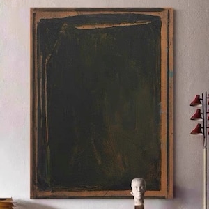 Svartbrun abstrakt målning: Minimalistisk texturerad väggkonst på canvas