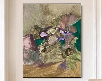 Peinture à l'huile abstraite originale de fleurs sur toile, art floral texturé en impasto, décoration murale aux tons neutres et doux, art mural contemporain pour salon