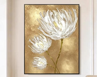 White Flower Oil Painting Gold Floral Wall Art, Textured Chrysanthemum Painting, Luxury Modern Botanical Art, Elegant Home Decor
