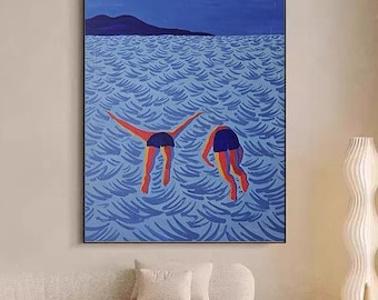 Blue Ocean Swimmer Painting, Hand Painted Seascape Art, Abstract Beach Wall Decor, Summer Ocean Artwork, Coastal Modern Home Decor