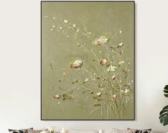 Sage Green Floral Oil Painting, Abstract Wildflower Wall Art, Pink Botanical Canvas, Vintage Impressionist Flower Art, Modern Home Decor