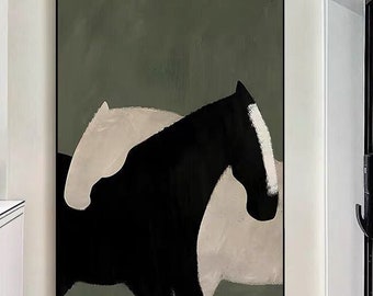 Large Original Horses Canvas Wall Art Abstract Black and White Horse Oil Painting on Canvas Modern Animal Wall Art for Living Room Bedroom