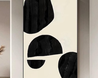 Pintura abstracta de gran tamaño con textura en blanco y negro: arte mural original