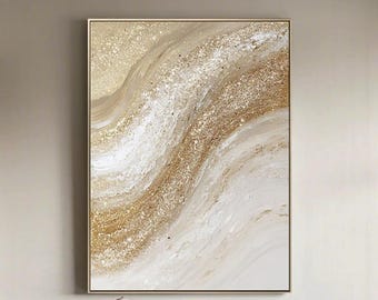 Original Gold Glitter Abstract Painting: Modern Boho Canvas Wall Art