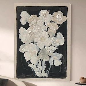 Pintura floral original em preto e branco, pintura a óleo sobre tela, arte floral texturizada branca, decoração para sala de estar e quarto