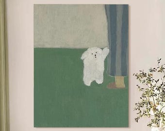 Hand-Painted Puppy Oil Painting: Whimsical Dog Art on Canvas