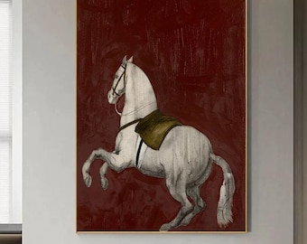 Dipinto a olio raffigurante un cavallo bianco rampante: arte murale equestre, arredamento rustico moderno