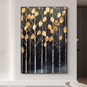 Orignal Gold Leaf Artwork Black and Gold Tree Painting for Modern Home Decor Large Gold Luxury Textured Painting Contemporary Tree Wall Art