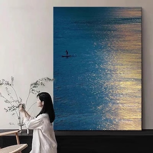 Cuadro de una puesta de sol en una tabla de paddle surf, arte mural marino pintado a mano, obra de arte acrílica costera.