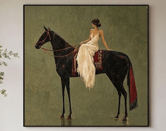 Vintage Equestrian Wall Art, Black Horse Woman Oil Painting, Olive Green Abstract Artwork, Dark Academia Decor, Antique Riding Art