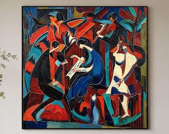 Original Abstract Figurative Oil Painting, Modern Cubism Wall Art, Neutral Red Blue Wall Art, Colorful Modern Wall Decor