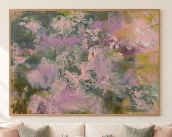 Original Hand Painted Abstract Floral Oil Painting, Soft Pink Sage Green Wall Art, Modern Botanical Canvas Artwork, Luxury Living Room Decor