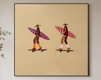 Retro Surfer Painting, Hand Painted Oil on Canvas, Vintage Skateboard Art, Boho Wall Decor, Colorful Figurative Art, Coastal Home Decor