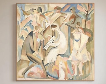 Abstract Figurative Oil Painting, Modern Cubism Wall Art, Neutral Beige Blue Artwork, Contemporary Abstract Painting, Minimalist Home Decor