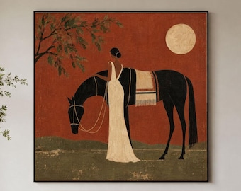 Hand Painted Equestrian Oil Painting, Woman and Black Horse Art, Vintage Horse Wall Decor, Rustic Western Art,  Boho Home Decor