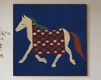 Hand Painted Horse Oil Painting, Folk Art Equestrian Wall Art, Navy Blue Horse Painting, Rustic Boho Farmhouse Decor, Original Artwork