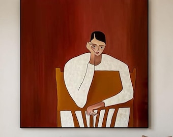 Hand Painted Figurative Oil Painting, Modern Portrait Wall Art, Mid Century Modern Art, Minimalist Figure Painting, Contemporary Home Decor