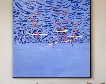 Blue Ocean Abstract Oil Painting, Hand Painted Seascape Art, Sailing Wall Art, Coastal Modern Artwork, Beach House Decor, Blue Nautical Art