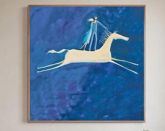 Blue Equestrian Oil Painting, White Horse Wall Art, Woman Rider Artwork, Abstract Horse Painting, Modern Blue Home Decor, Original Art