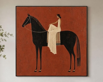 Black Horse and Women Wall Art, questrian Wall Decor, Hand Painted Figurative Art, Terracotta Red Art, Vintage Boho Home Decor