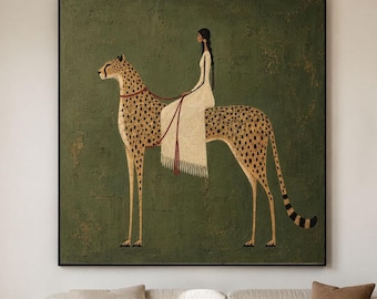Hand Painted Leopard Woman Oil Painting, Vintage Safari Wall Art, Olive Green Figurative Artwork, Boho Wabi Sabi Decor, Eclectic Home Art