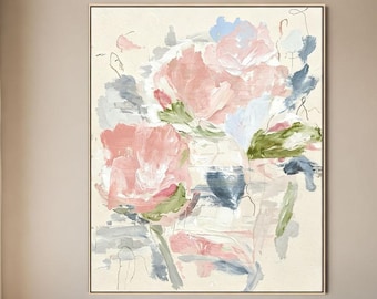 Abstract Floral Oil Painting, Pink Blue Flower Wall Art, Hand Painted Original Artwork,Modern Cottagecore Home Decor, Large Flower Art