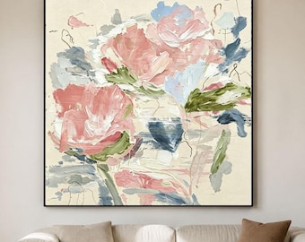 Soft Pastel Abstract Floral Oil Painting, Pink Rose Blue Flower Art, Muted Romantic Botanical Wall Decor, Contemporary Home Decor
