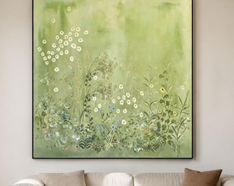 Sage Green Wildflower Wall Art, Hand Painted Floral Canvas, Soft Botanical Art, Cottagecore Nature Decor, Organic Modern Wall Decor