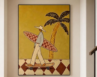Original Surf Painting, Vintage Surfer Painting,Boho Coastal Wall Art, Mid Century Modern Beach Artwork, Palm Tree Canvas Art