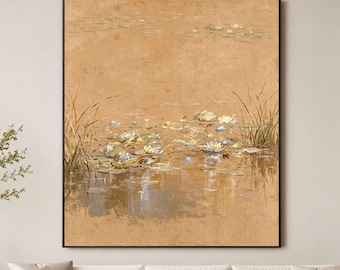 Original Lotus Pond Oil Painting, Beige Abstract Water Lily Art, Neutral Impressionist Landscape, Wabi Sabi Wall Decor, Modern Nature Art