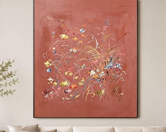 Original Abstract Floral Oil Painting, Rose Pink Wall Art, Terracotta Botanical Art, Modern Impressionist Flower Painting,Living Room Decor