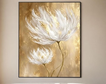 White Flower Oil Painting Gold Abstract Floral Wall Art, Large Hand Painted Canvas, Modern Luxury Botanical Artwork, Neutral Home Decor
